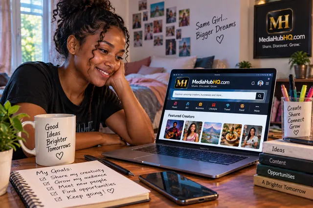 A young woman at home using MediaHubHQ on her laptop, with a notebook, phone and everyday workspace around her, representing an aspiring creator building her online presence.