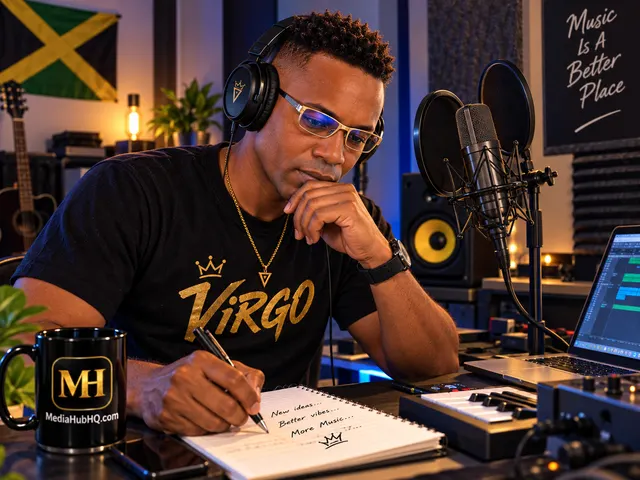 Dwpictiin of ViRGO creating music in a home recording studio with headphones, microphone, laptop and music equipment, with a Jamaican flag in the background.
