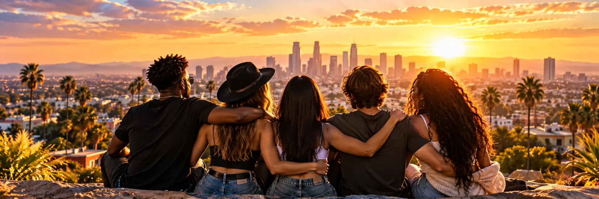 A diverse creator community overlooking a city together at sunset